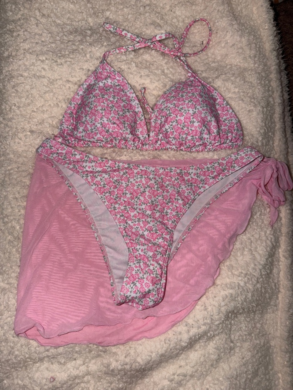 SHEIN Pink Floral Halter Bikini Set with Sheer Skirt